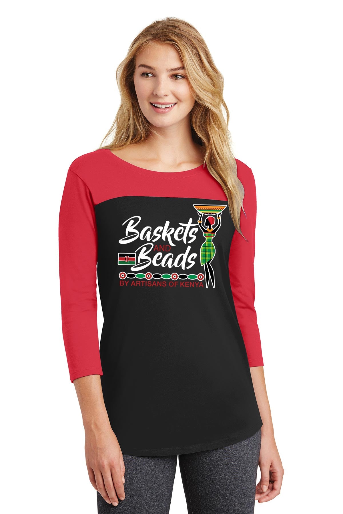 Women's 3/4 Sleeve, Red Color Block on front top and arms 100% Cotton Women's Sizing Machine wash cold with like colors, dry low heat Lightweight, Classic fit