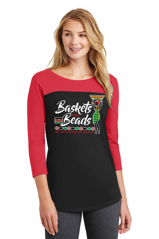 Women's 3/4 Sleeve, Red Color Block on front top and arms 100% Cotton Women's Sizing  Machine wash cold with like colors, dry low heat Lightweight, Classic fit