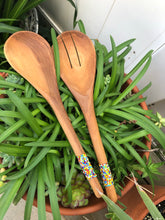 Load image into Gallery viewer, Fair Trade African Wooden Salad Servers Set with Bright Color Beaded Embellishment on Handles