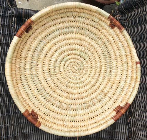 Handwoven fair trade sturdy African tray basket made from papyrus reed grown in Kenya. Natural color 15