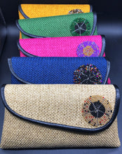 Load image into Gallery viewer, row of 5 clutches beige, blue, pink, green, gold, beaded circle on flap piping around flap