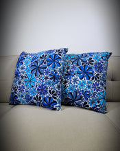 Load image into Gallery viewer, Blue floral print pillow multiple size flowers of different shades of blue