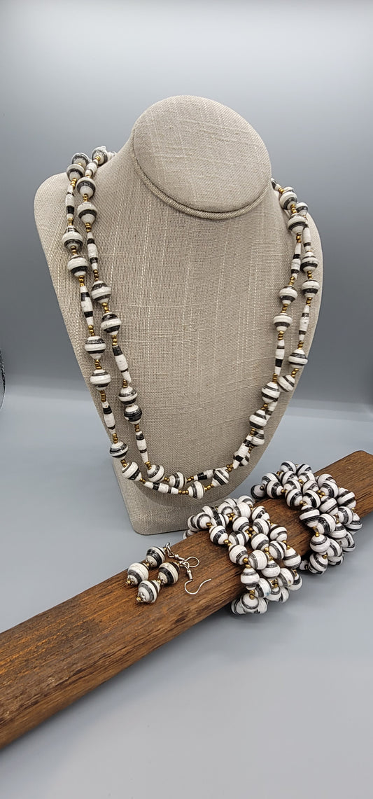 The Patricia Collection Handmade Black and White Paper Bead Necklace and Bracelet Set