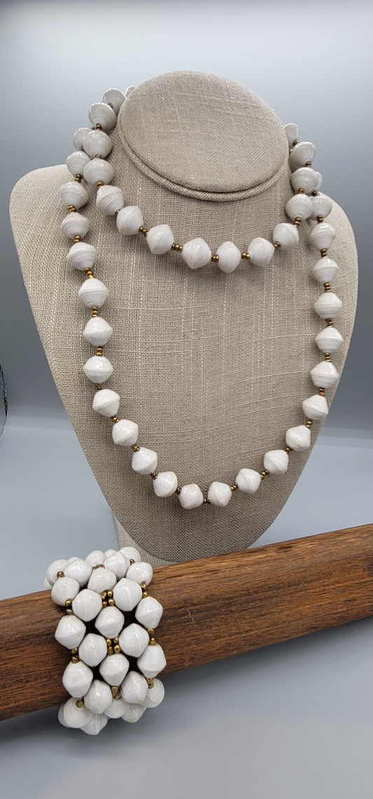 The Patricia Collection Handmade White Paper Bead Necklace and Bracelet Set