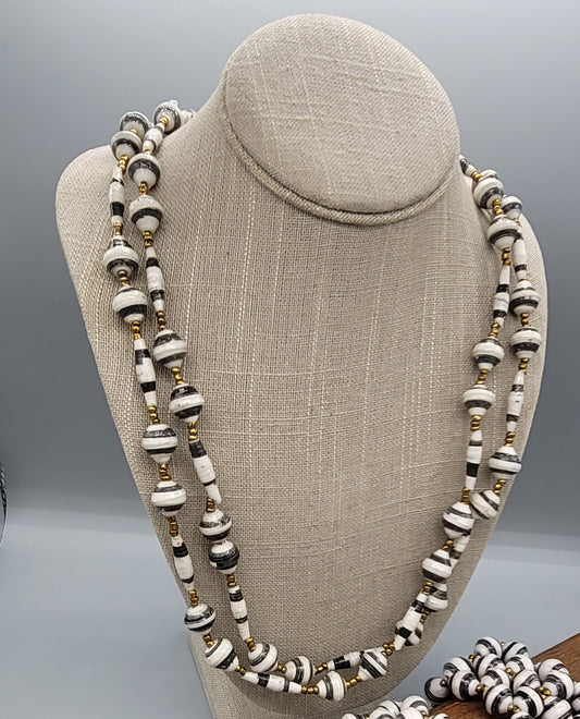The Patricia Collection Handmade Black and White Long Paper Bead Necklace
