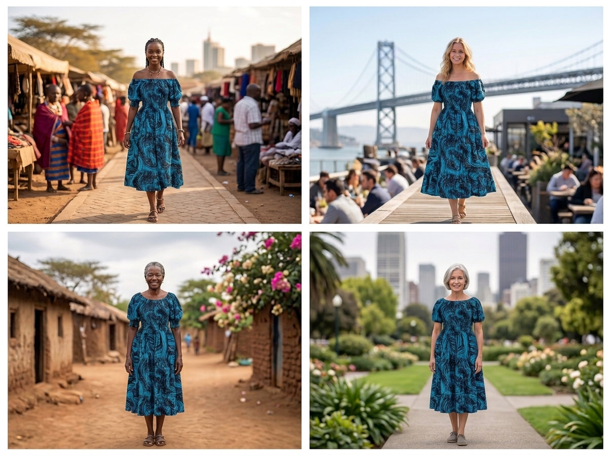 Handcrafted Kenyan Kitenge Smocked Midi Dress - Ocean Blue