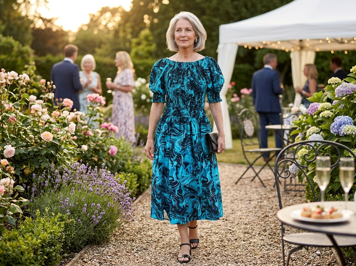 Model wearing an ocean blue handcrafted Kenyan Kitenge smocked midi dress in a sunny garden setting.
