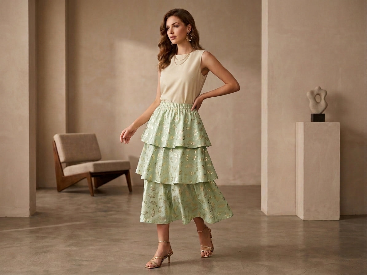Handcrafted 3-Tier Skirt in Pale Mint & Gold