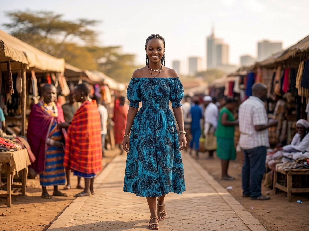 Handcrafted Kenyan Kitenge Smocked Midi Dress - Ocean Blue