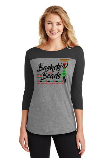 Women's 3/4 Sleeve, Grey Bottom and Black Color Block on Front and Top  100% Cotton - Women's sizing  woman wearing grey with black sleeves and yoke and Baskets and Beads logo on front of shirt