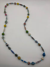 Load image into Gallery viewer, Hand made colorful medium length multicolor necklace made from magazines with accent seed beads in between. Each bead is hand rolled. Stylish and fashionable for casual or dressy. Fair trade.  Approximately 18&quot; L