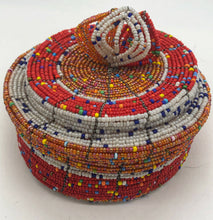 Load image into Gallery viewer, Fair Trade hand crafted basket made from seed beads. Round shape with lid. These baskets take 1 full day to create. 