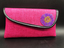 Load image into Gallery viewer, hot pink clutch with round beads around edge and black piping around edge of flap