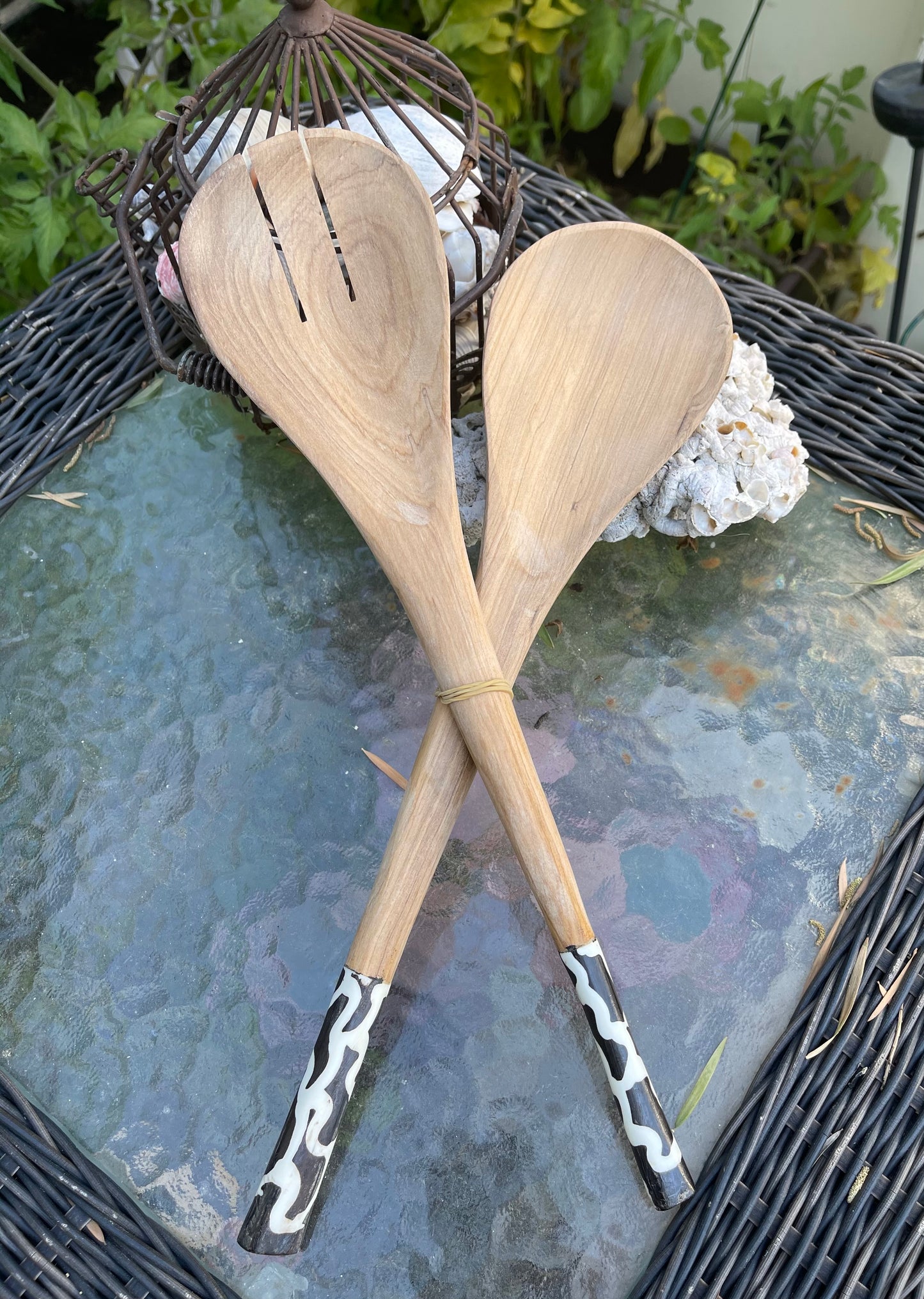 African Wooden Salad Server Spoon Set