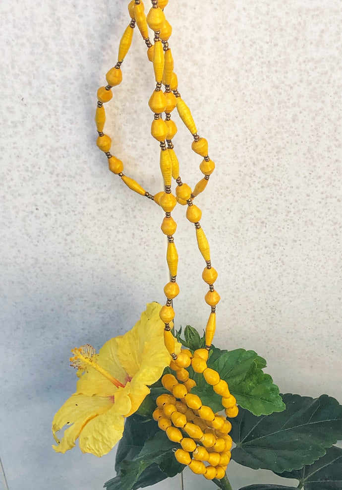 Yellow paper bead necklace and memory wrap bracelet in bright yellow with gold seed bead accent