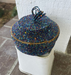 Handmade Round Seed Bead Basket with Lid